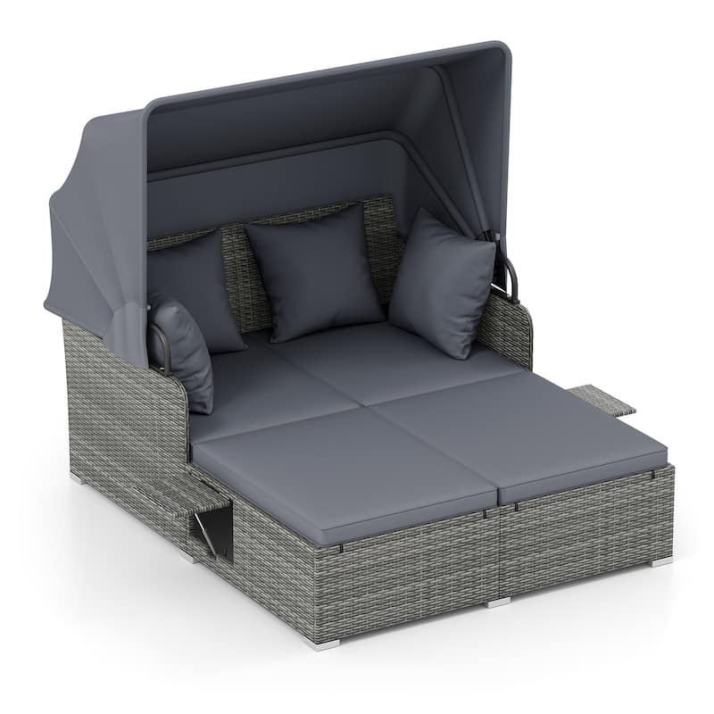 Gymax Patio Rattan Daybed Lounge Retractable Top Canopy Side Tables - Grey