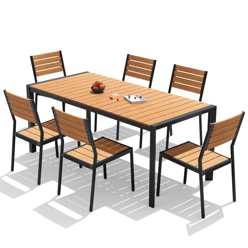 7-Piece Outdoor Patio Dining Set Wood Like Table Top Aluminum Rectangular Umbrella Hole Table with Stackable Chairs