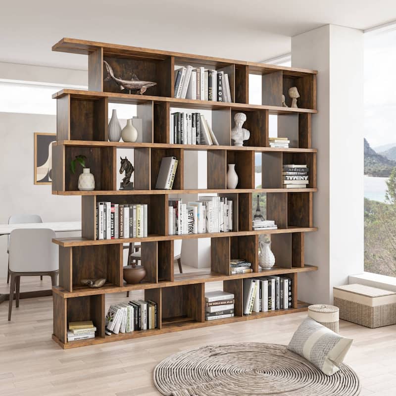 Davee Geometric Bookcase - 85" H x 93" W x 12.6" D - Antique Rustic Wood - 85" H x 93" W x 12.6" D