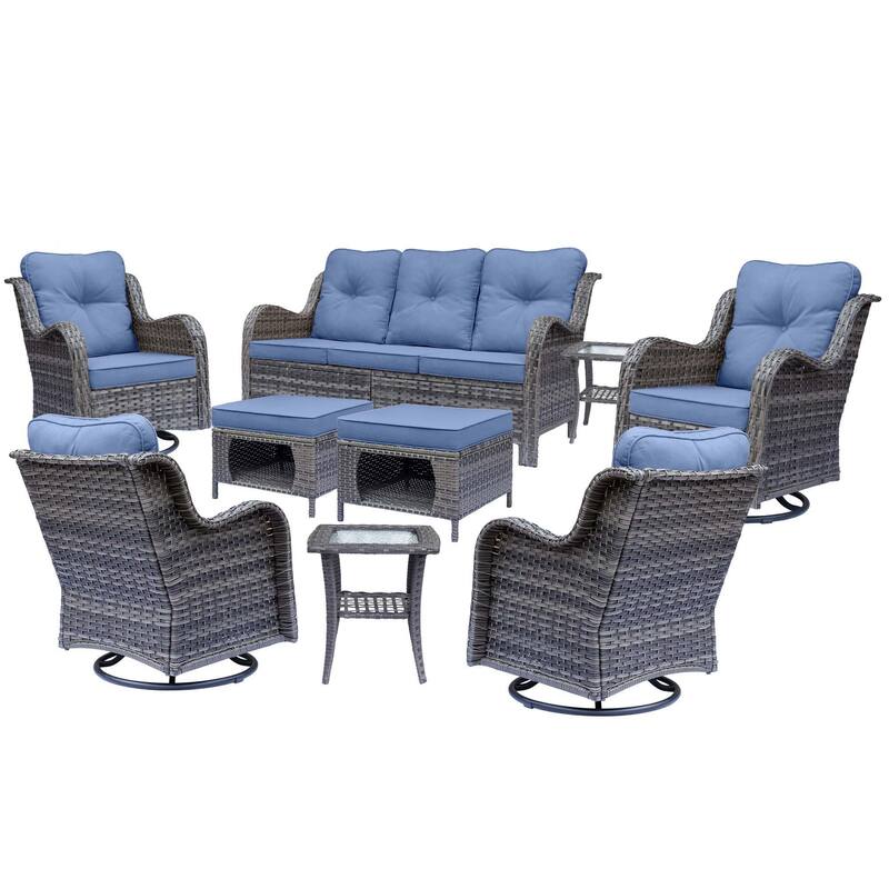 Gray Rattan Outdoor Patio Conversation Sets with Swivel Rocker Chairs