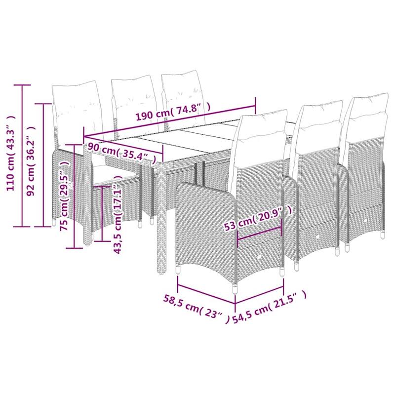 vidaXL Bistro Set PE rattan 7 Piece Set Removable Covers - 23.0 x 21.5 x 36.2 in.