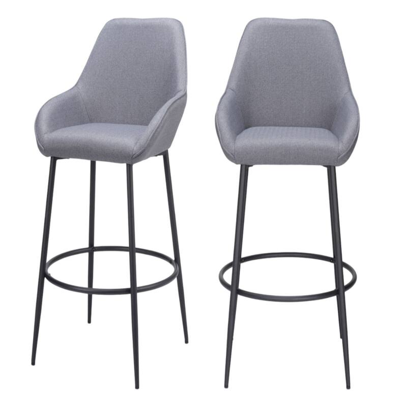 30" Set of 2 Modern Grey Polyester Fabric Bar Chairs with Armrest and Footrest Black Metal Legs - 42.5”H x 22.4”W x 24”D