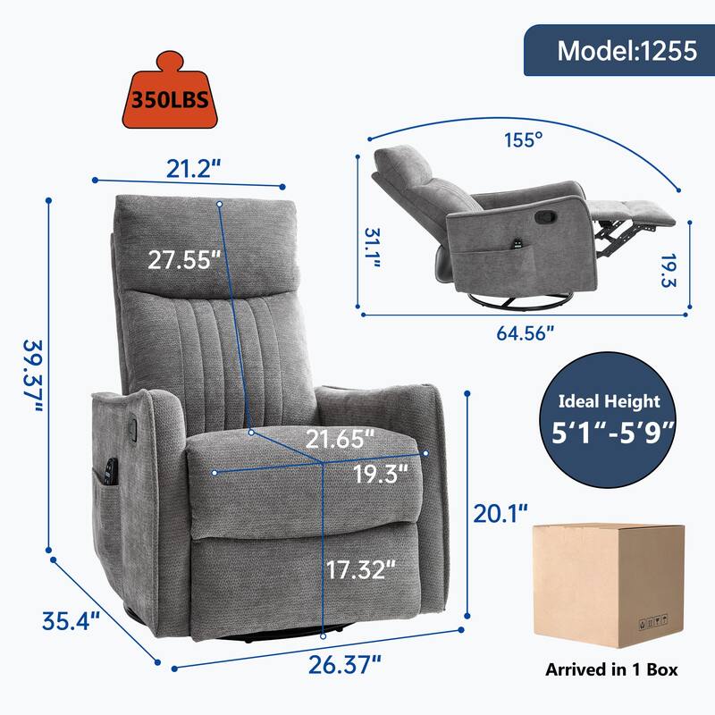 Swivel Recliner Chair with Heat & Massage, Heavy Duty Manual Recliner Chair, Glider Rocker Chair with Side Pocket - Dark Gray