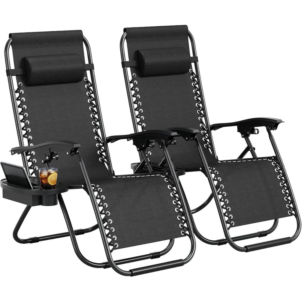 Set of 2 Zero Gravity Patio Lounge Chair with Pillow & Cup Holder Tray for Deck, Beach, Yard, Garden