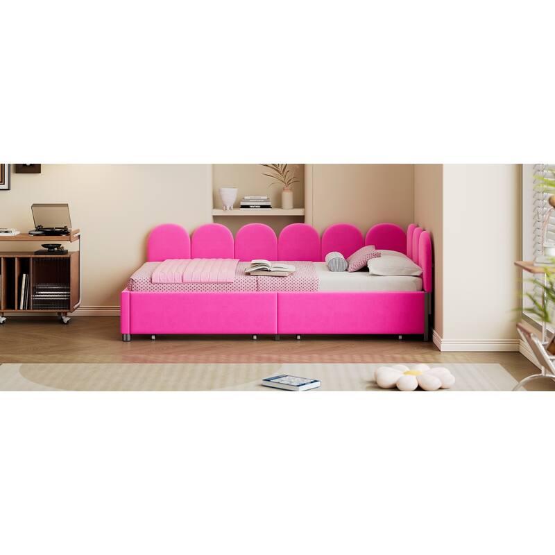 Velvet Upholstered Daybed with 2 Drawers and Soft Fabric Headboard for Bedroom