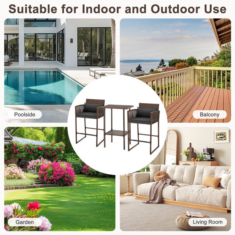 AVAWING 3PCS Patio Wicker Bar Set with Extra Cushion Cover