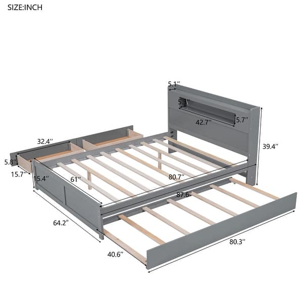 Queen Size Wood Storage Platform Kids Bed Frame with LED Headboard, Twin Size Trundle, and 2-Drawers, Easy to Assemble, Grey