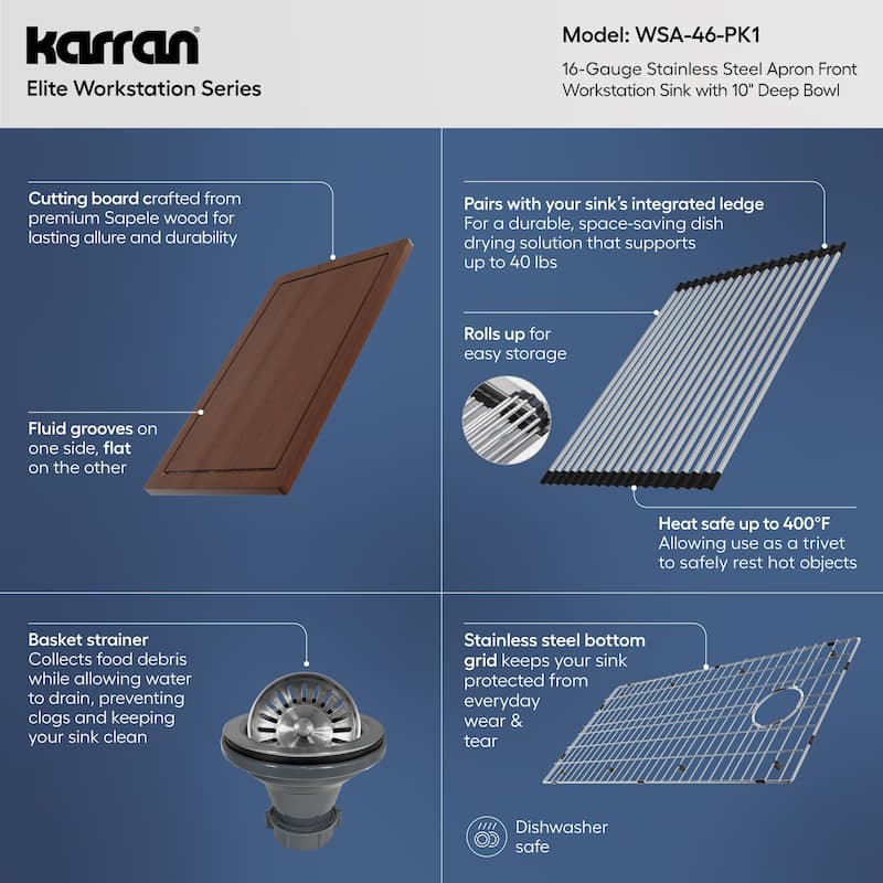 Karran Elite WSA-46-PK1 Apron Front Farmhouse 36" Single Bowl Stainless Steel Workstation Sink
