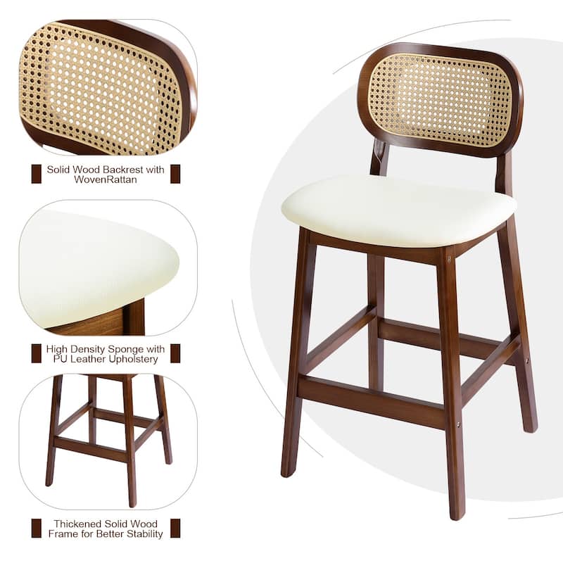 Wood Upholstered Counter Height Bar Stools with Rattan Back - 36.81"H x 17.72"W x 18.7"D