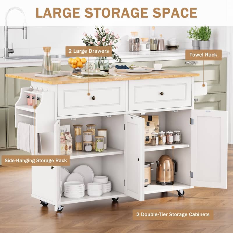 EROMMY 52" Large Kitchen Island Cart with Drop Leaf, 2 Drawers, Storage Cabinets, Rolling Mobile Island