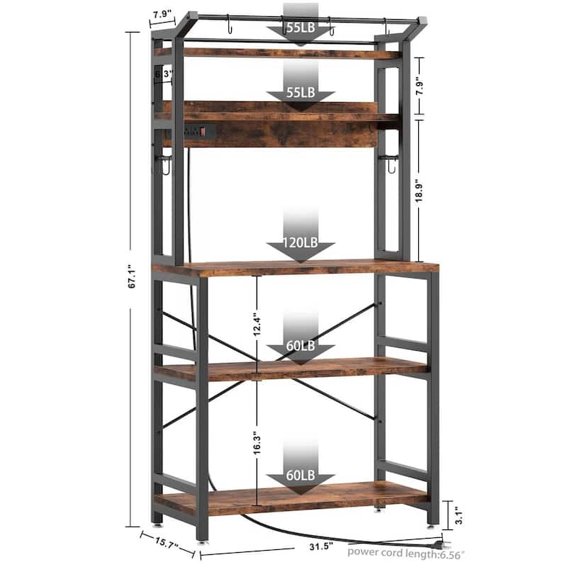 Modern Brown Bakers Rack with 3 Shelves and Microwave Stand for Coffee Bar or Kitchen Storage - 67'' H x 31'' W x 15.7'' D