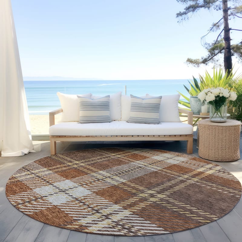 Machine Washable Indoor/ Outdoor Chantille Plaid Cozy Rug - Chocolate - 8' x 8'