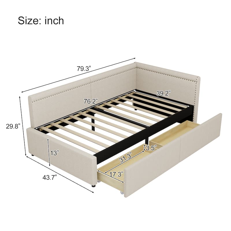 Roomfitters Twin Size L-Shaped Upholstered Corner Daybed with Two Storage Drawers, Modern Linen Fabric Bed Frame