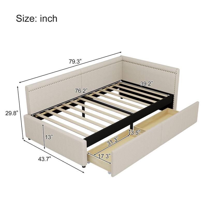 Twin Size Linen Upholstered Daybed with 2 Storage Drawers