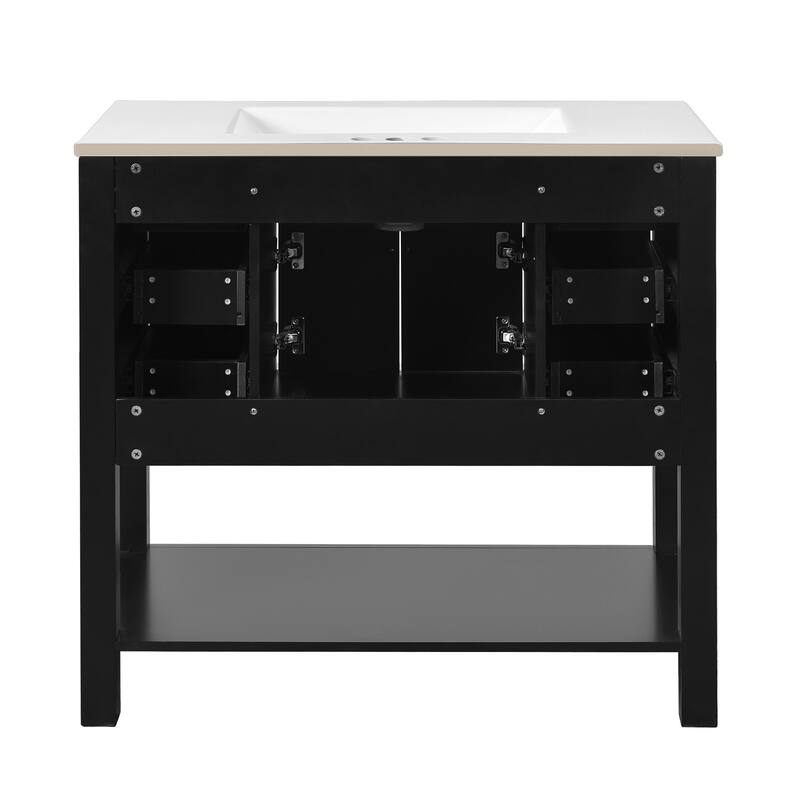 36-Inch Black Bathroom Vanity with Ceramic Sink, 6 Drawers, and Soft-Close Doors - 36 in ,Black ,Ceramic,Solid Wood+MDF