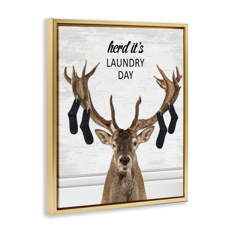 Stupell Laundry Elk with Hanging Socks Framed Floater Canvas Wall Art Design By Lettered and Lined