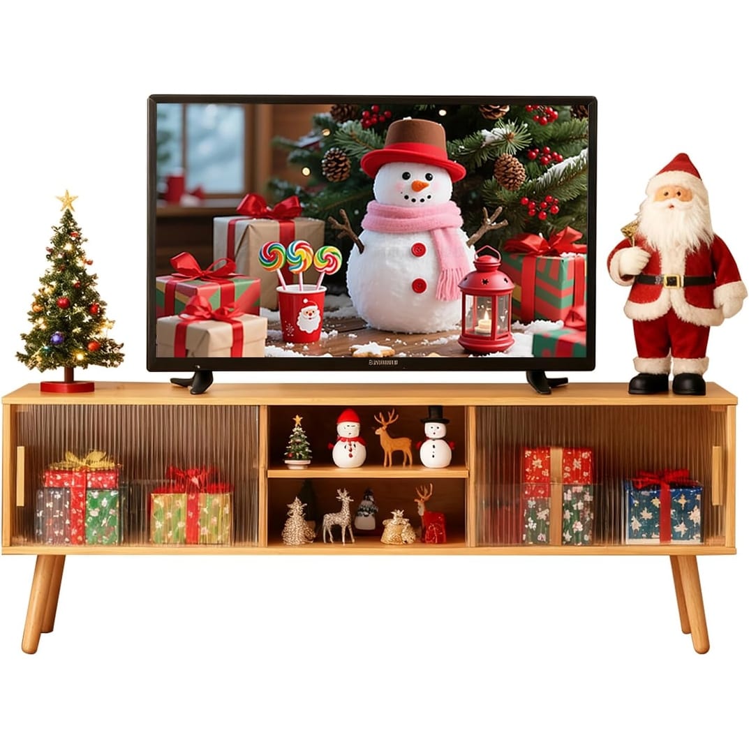 Mid-Century Modern TV Stand for 55-65 Inch TVs, Bamboo Media Console with Open Storage Shelves for Living Room, Bedroom Decor