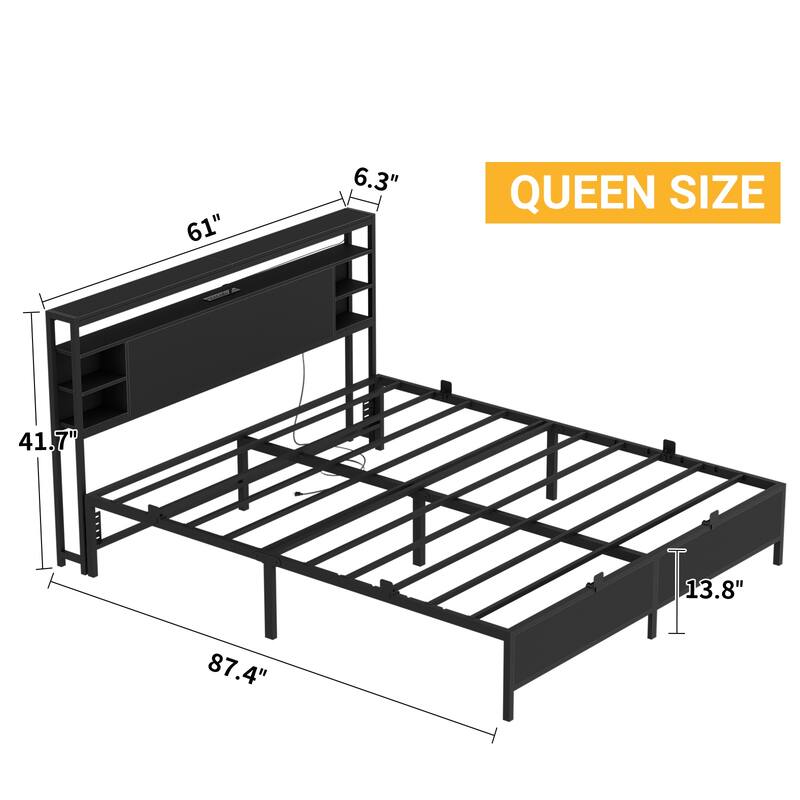 Bed Frame with Charging Station and RGB LED Lights, Sturdy Platform Bed with Storage Headboard,