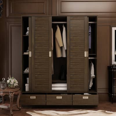 Closet Storage Cabinet Wardrobe Armoire Drawers Hanging Rod Wood Grain - 59.1"Wx70.9"H