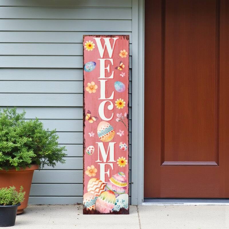 HomeRoots 36" Pink White And Yellow Solid Wood Welcome Easter Easter Egg Porch Sign - Yellow/White/Pink - Wood