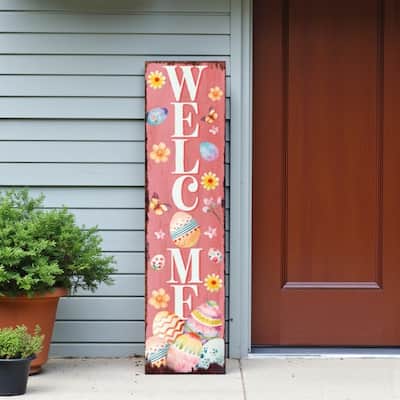 HomeRoots 36" Pink White And Yellow Solid Wood Welcome Easter Easter Egg Porch Sign