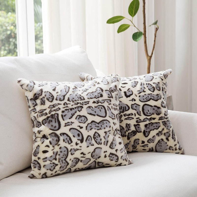 Cheer Collection Set of 2 Faux Fur Leopard Print Lumbar Couch Throw Pillows - 18x18 - Snow Leopard
