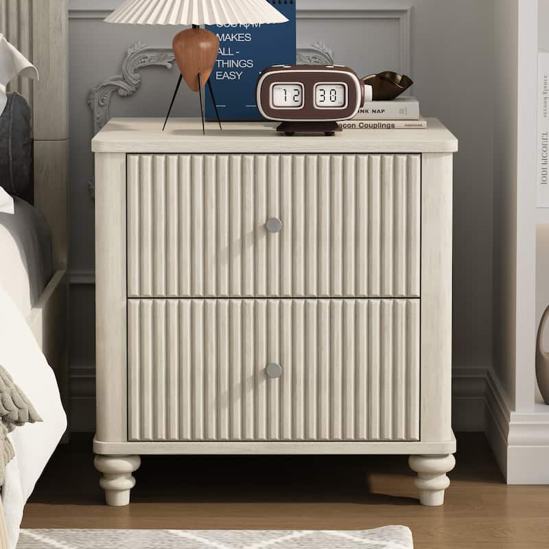 GDFStudio Mid-Century Fluted 3-Drawer Wooden Nightstand with Metal Handles - Beige-Single