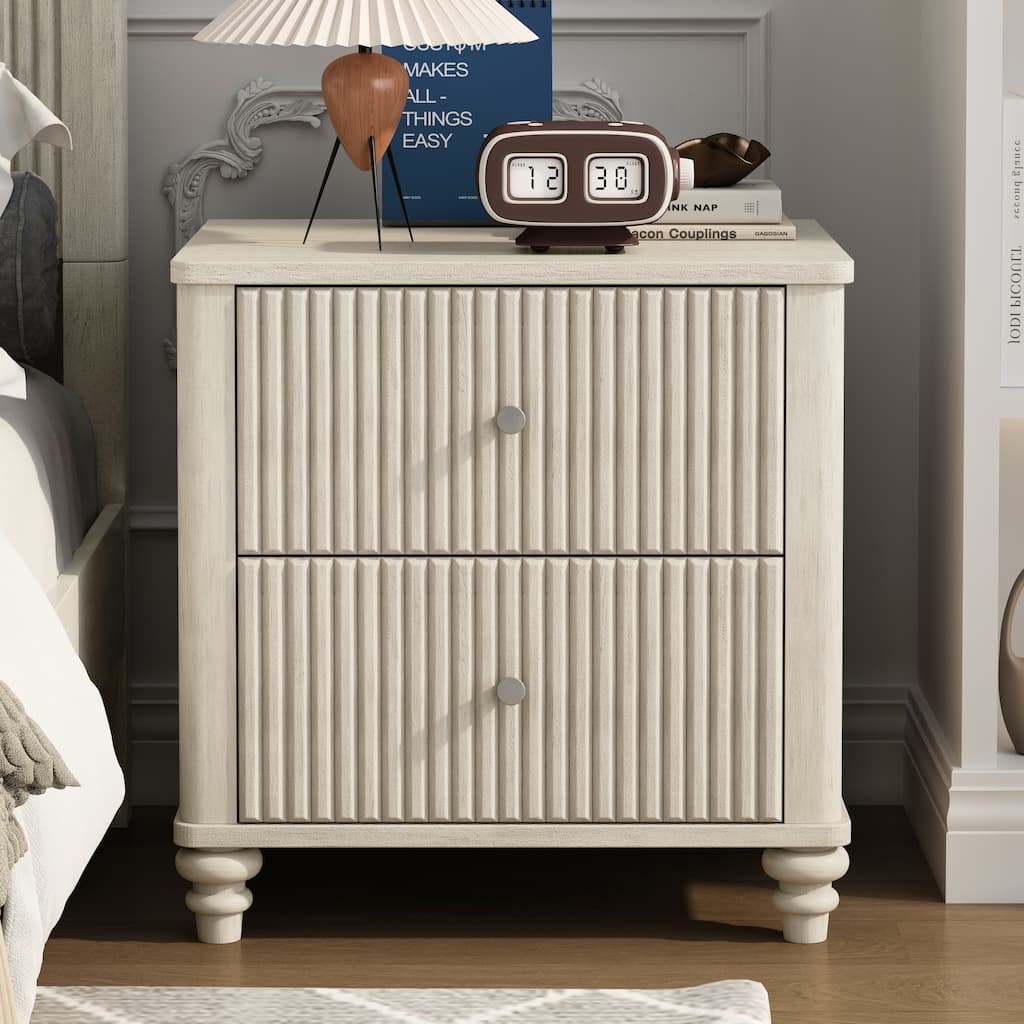 GDFStudio Mid-Century Fluted 3-Drawer Wooden Nightstand with Metal Handles