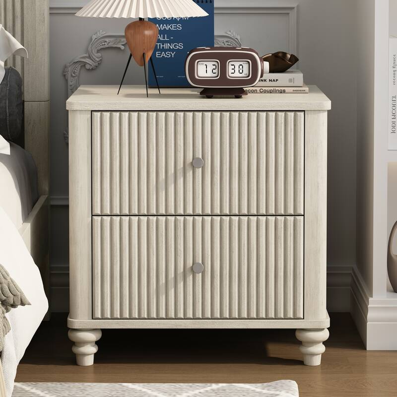 Modern Fluted Nightstand with 2 Large Drawers & 1 Hidden Drawer, Wood Bedside Tables for Bedroom, Retro Simple Style End Table - Beige