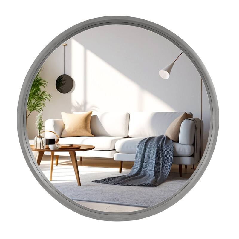 High Quality Wooden Frame Farmhouse Traditional Style Round Wall Mirror - 32 inches - Washed Grey