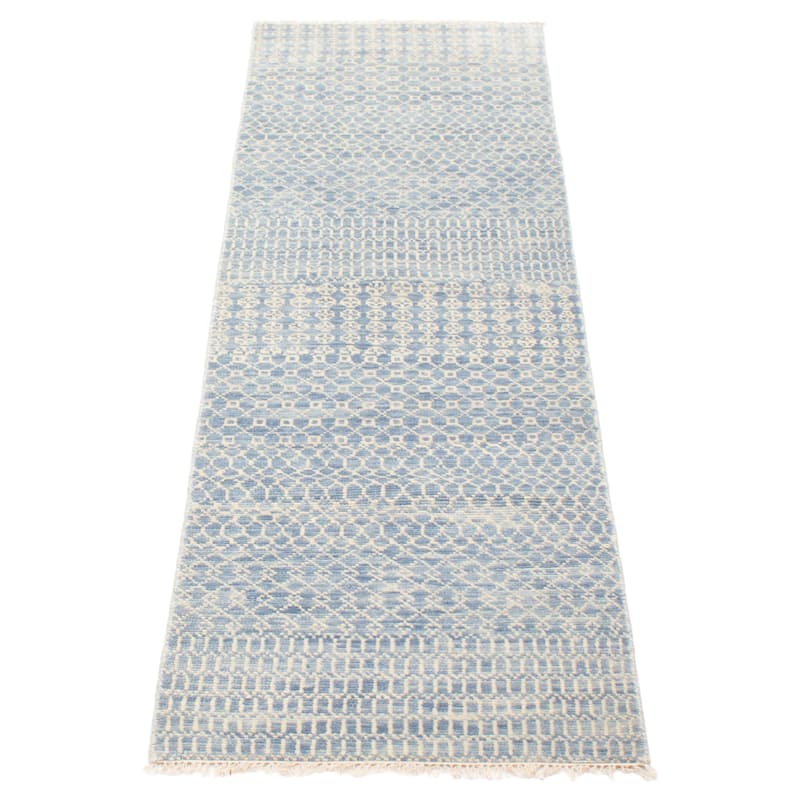 ECARPETGALLERY Hand-knotted Silk Shadow Denim Blue Wool Rug - 2'6 x 8'0