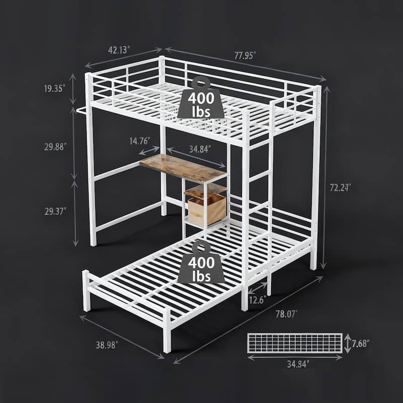 Twin Over Twin Metal Bunk Bed with Desk, L-Shaped Loft Design, Storage Shelves, Drawers, Guardrails and Ladder for Teens