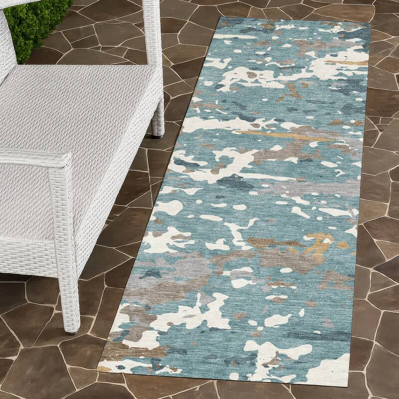 Machine Washable Indoor/ Outdoor Modern Calhan Chantille Rug - Teal - 2'3" x 7'6"