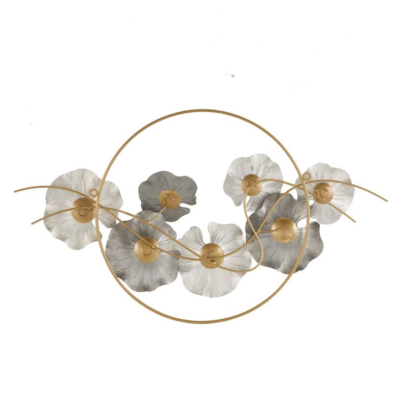 Gold Stainless Steel Metal Floral Home Wall Decor with Circular Frame and Black Accents