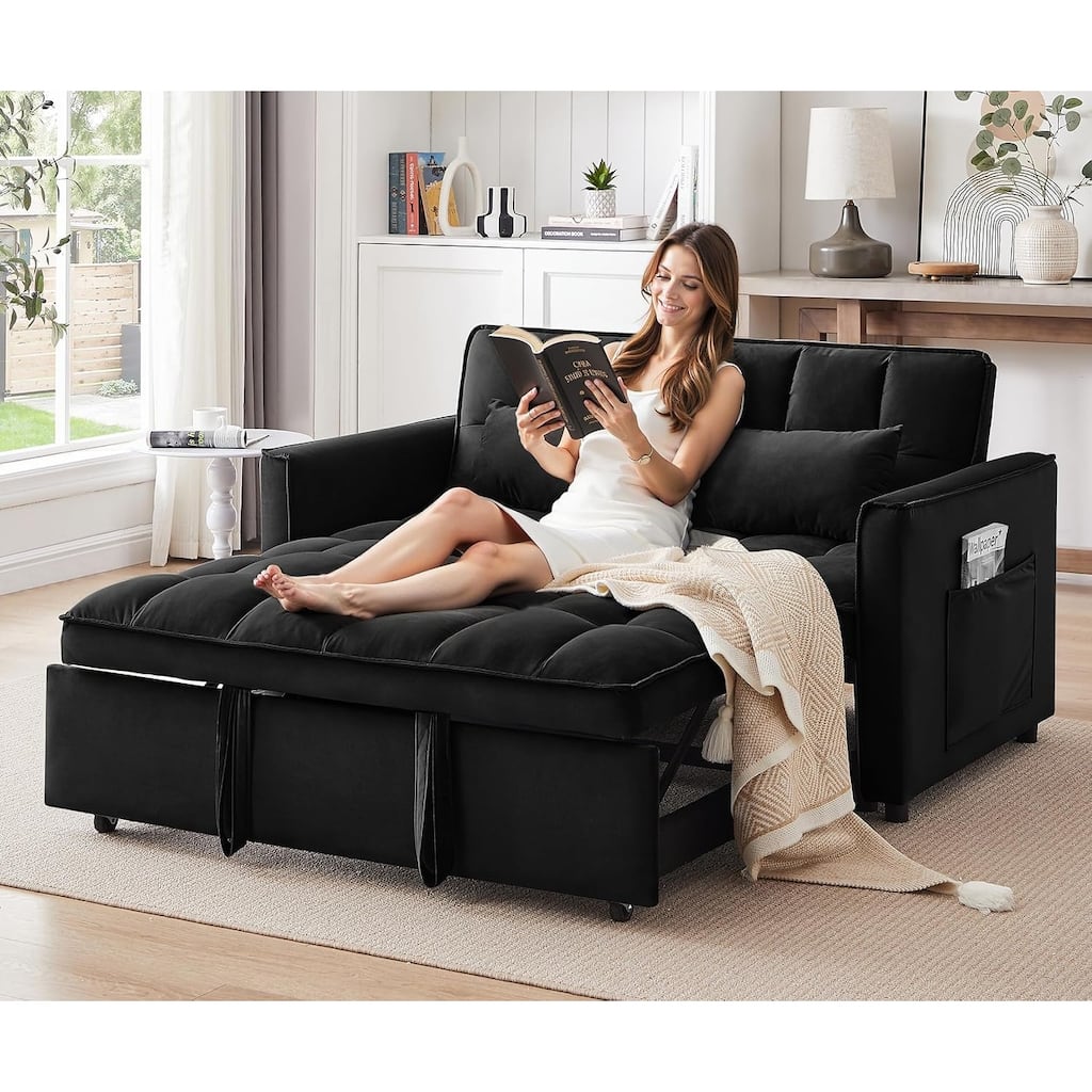 3 in 1 Convertible Sleeper Sofa Bed, Futon Couches for Living Room with Side Pocket, Adjustable Backrest