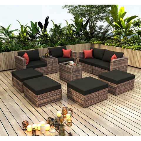 Nestfair 10-Piece Patio Wicker Conversation Set with Black Cushions and Red Pillows