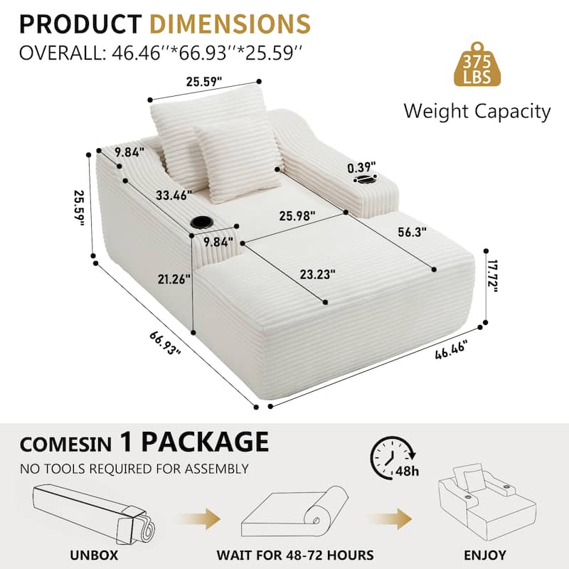 Roomfitters 67" Oversized Chaise Lounge, Corduroy Boneless Sleeper Sofa with Integrated Cup Holders
