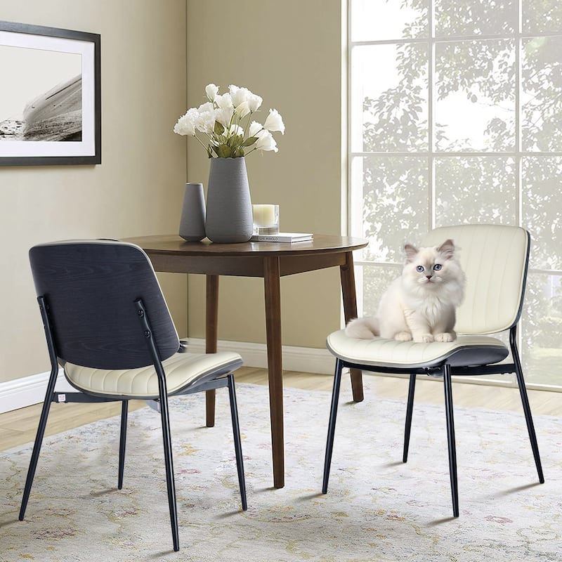Mid Century Modern Retro Leather Dining Chair with Bentwood (Set of 2) - Beige