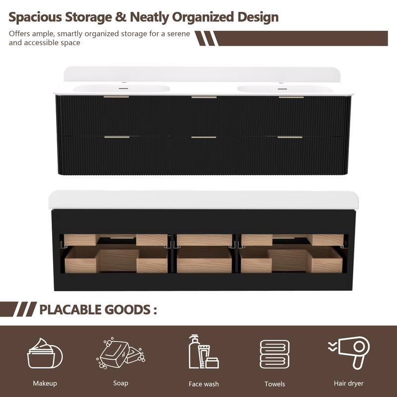 72" Floating Bathroom Vanity with Integrated countertop Rectangular Sink Solid Wood