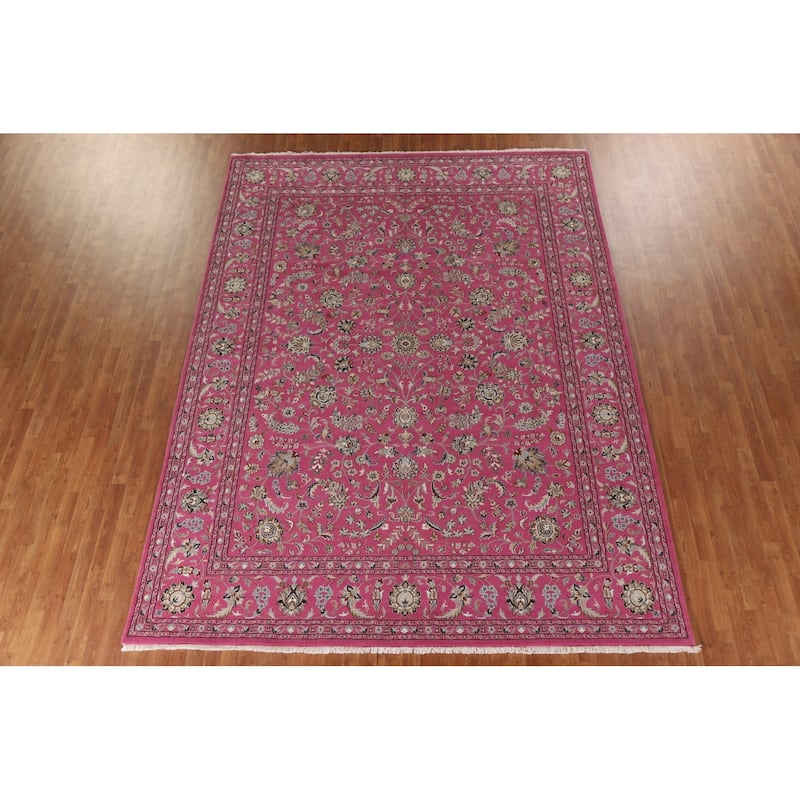 Floral Pink Kashan Oriental Area Rug Handmade Wool & Silk Carpet - 9'0"x 12'0"