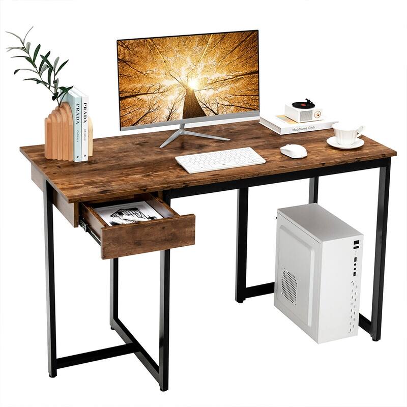 Computer Home Office Desk Workstation Metal Frame W/ Drawer Rustic