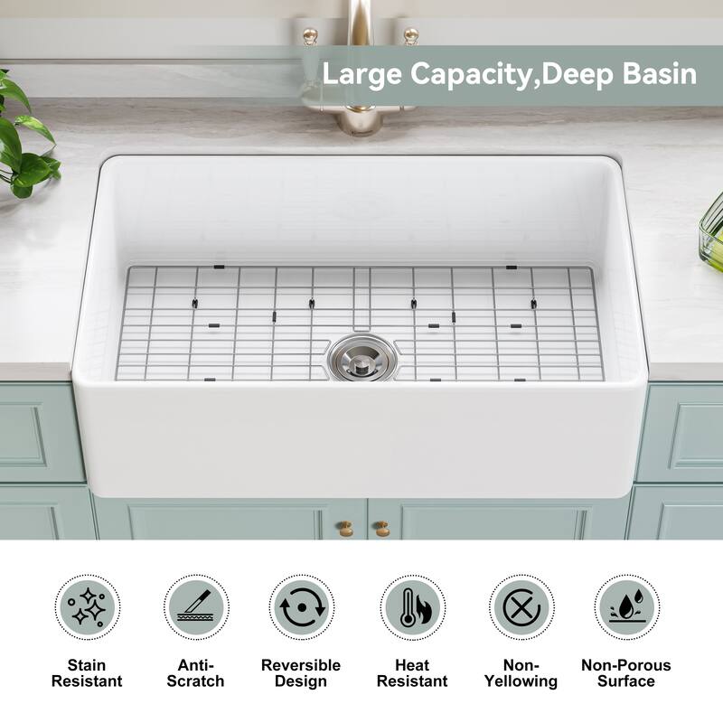 HOROW White Fireclay 33 in. Single Bowl Kitchen Sink Farmhouse Apron Front with Bottom Grid and Strainer - 33x20 Inch
