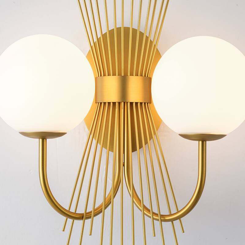 18.9" W 2-Light Mid-Century Modern Brushed Gold Sunburst Sputnik Wall Sconce with Milk Glass Globes