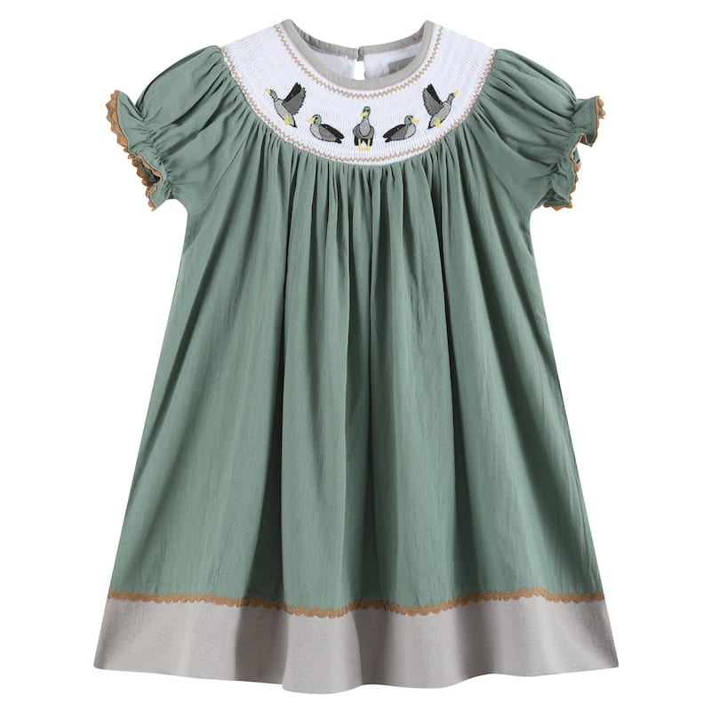Lil Cactus Sage Green Mallard Smocked Bishop Dress