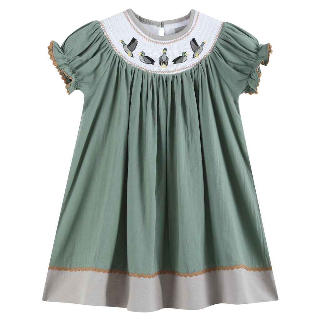Lil Cactus Sage Green Mallard Smocked Bishop Dress