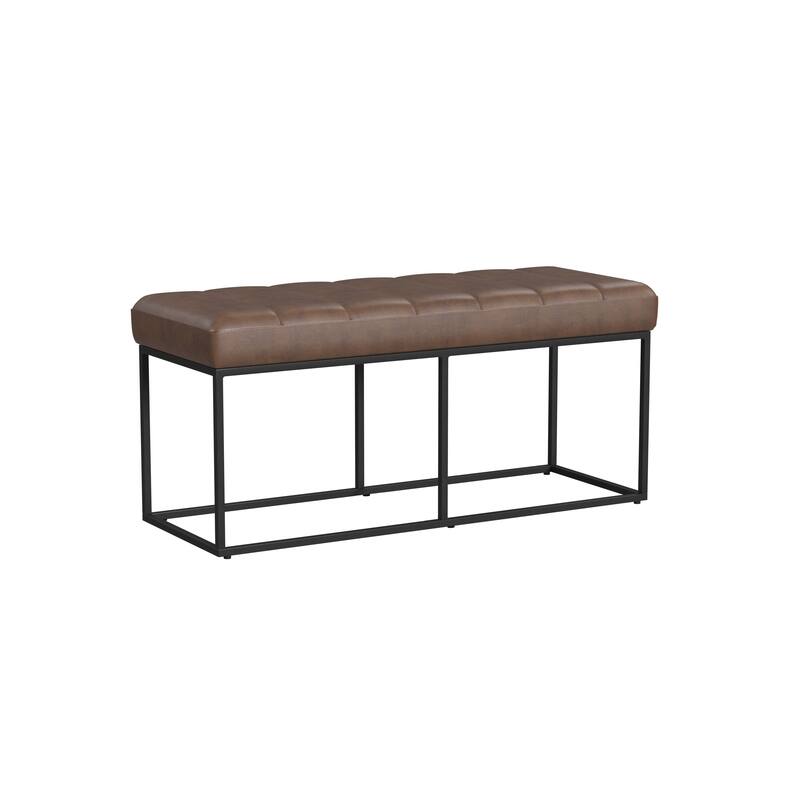 Kai Bench, Open Metal Frame, Brown Channel Stitch Faux Leather 43 Inch