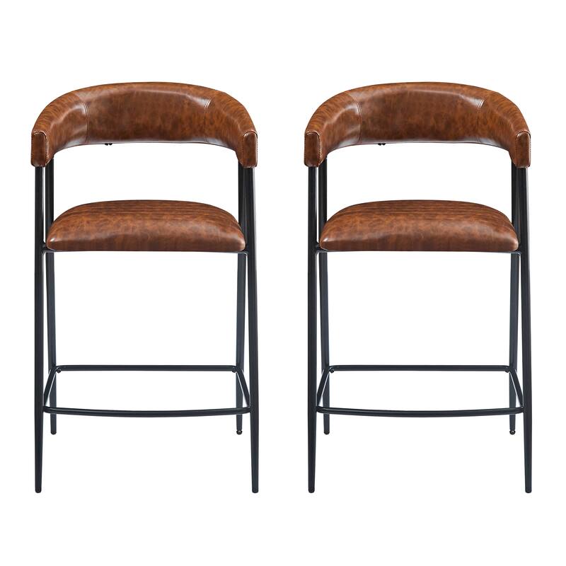 Versatile Counter Height Armchairs Bar Stools Set of 2 with Ergonomic Curved Backrest, Brown PU Leather Seat and Footrest