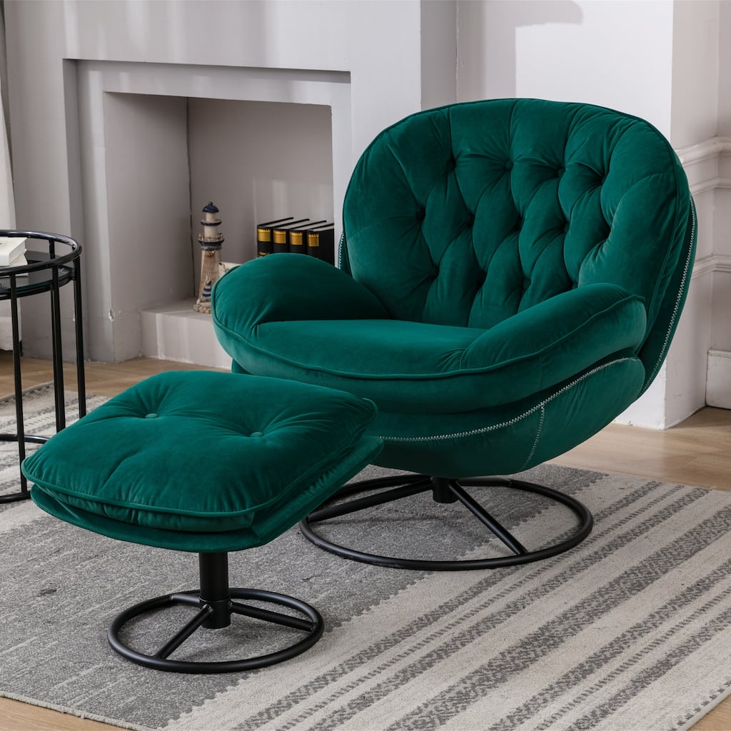 Velvet Swivel Accent Chair with Ottoman & Metal Legs (360° Rotation)