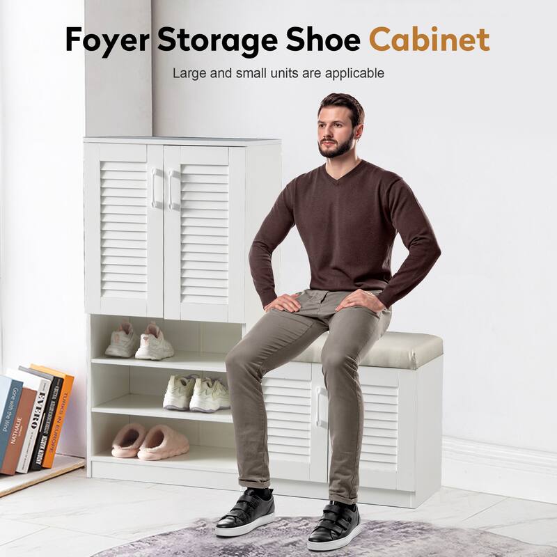 Wood Shoe Storage Cabinet with Bench and Adjustable Layer Board