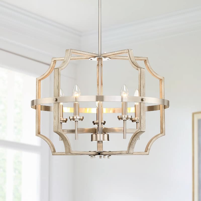 Richwood 5-Light Brushed Nickel/White-Washed Wood Tone Modern Farmhouse Chandelier - 65.5'' H Max - 65.5'' H Max